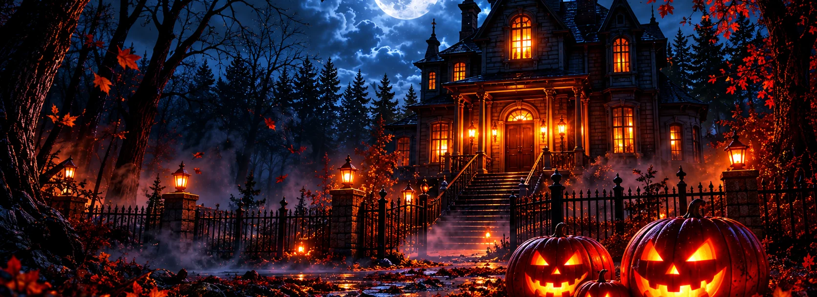 Cinematic Halloween mansion under a full moon with glowing pumpkins